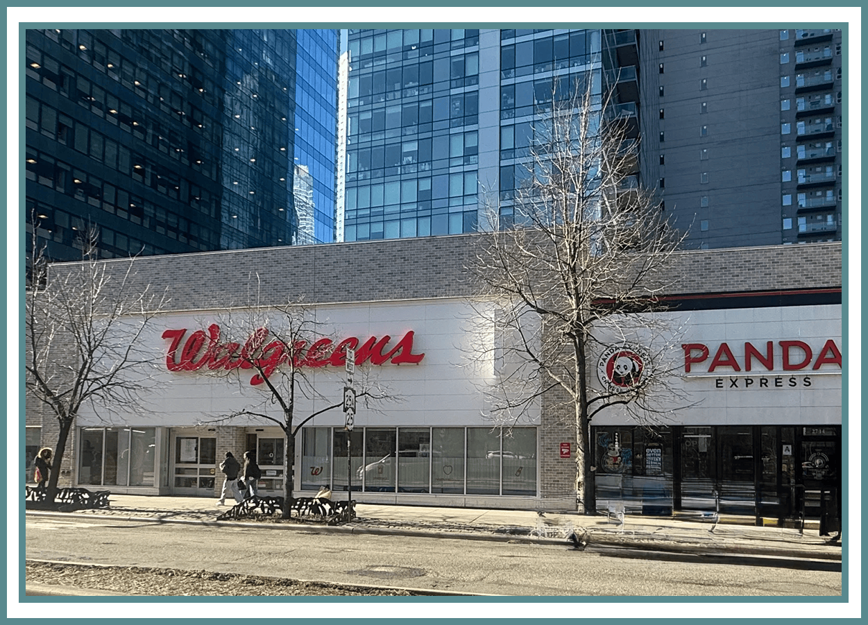 Street view: Walgreens and Panda Express storefronts.